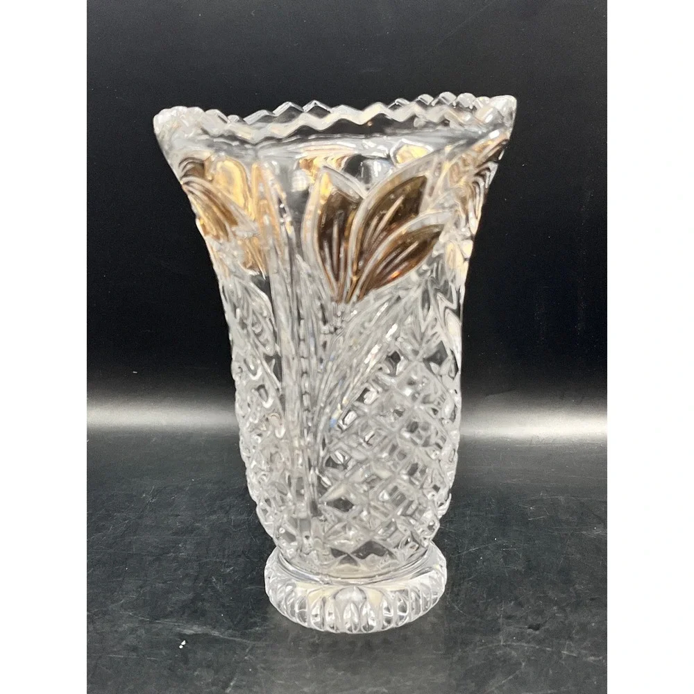 Vtg Anna Hütte Lead Crystal Vase Gold Leaf Etched Cut Glass Germany Bleikristall